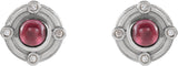 Platinum Round Natural Rhodolite Garnet & Natural Diamond Accented Cabochon Earrings – 4mm Stones - view 2