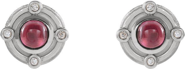 Platinum Round Natural Rhodolite Garnet & Natural Diamond Accented Cabochon Earrings – 4mm Stones - view 2