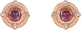 14K Gold Round Natural Rhodolite Garnet & Natural Diamond Accented Cabochon Earrings – 4mm Stones - Rose Gold - view 2
