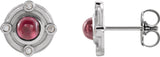 14K Gold Round Natural Rhodolite Garnet & Natural Diamond Accented Cabochon Earrings – 4mm Stones - White Gold