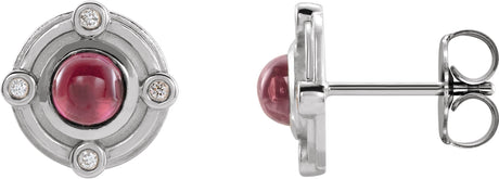 14K Gold Round Natural Rhodolite Garnet & Natural Diamond Accented Cabochon Earrings – 4mm Stones - White Gold