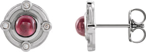 Platinum Round Natural Rhodolite Garnet & Natural Diamond Accented Cabochon Earrings – 4mm Stones