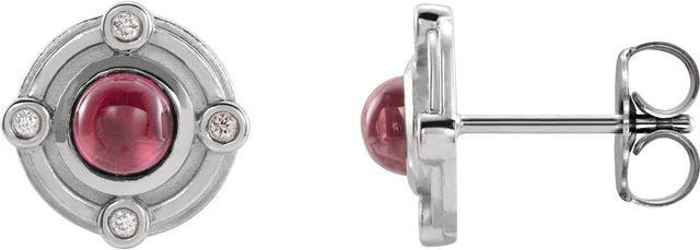 Platinum Round Natural Rhodolite Garnet & Natural Diamond Accented Cabochon Earrings – 4mm Stones