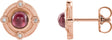 14K Gold Round Natural Rhodolite Garnet & Natural Diamond Accented Cabochon Earrings – 4mm Stones - Rose Gold