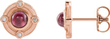 14K Gold Round Natural Rhodolite Garnet & Natural Diamond Accented Cabochon Earrings – 4mm Stones - Rose Gold
