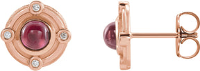 14K Gold Round Natural Rhodolite Garnet & Natural Diamond Accented Cabochon Earrings – 4mm Stones - Rose Gold