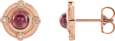 14K Gold Round Natural Rhodolite Garnet & Natural Diamond Accented Cabochon Earrings – 4mm Stones - Rose Gold