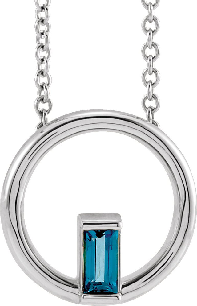 14K Gold Natural London Blue Topaz Straight Baguette Circle Necklace or Pendant - White Gold