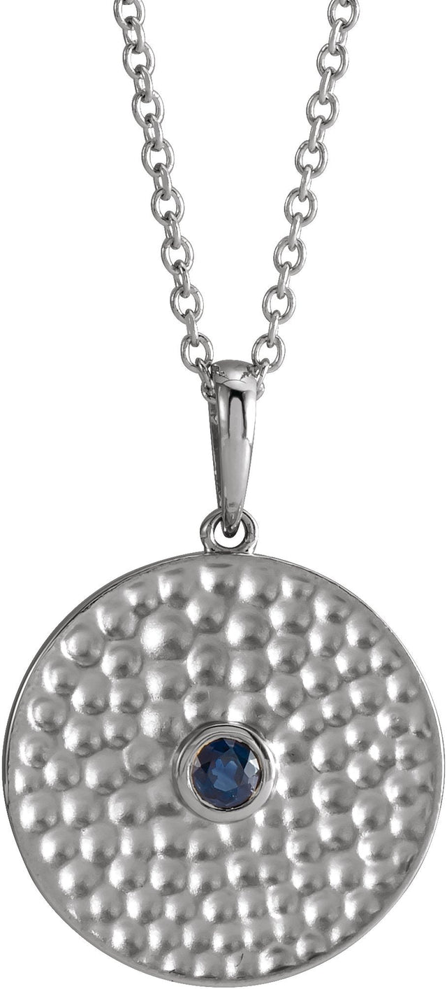 Platinum Round Lab-Grown Blue Sapphire Beaded Disc Necklace or Pendant