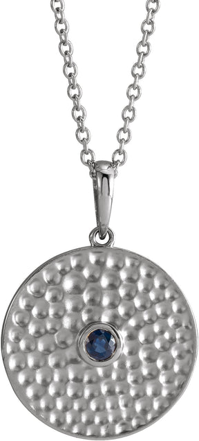 14K Gold Round Lab-Grown Blue Sapphire Beaded Disc Necklace or Pendant - White Gold