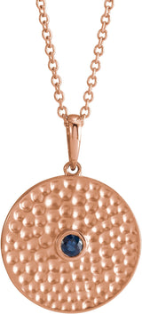 14K Gold Round Natural Blue Sapphire Beaded Disc Necklace or Pendant - Rose Gold