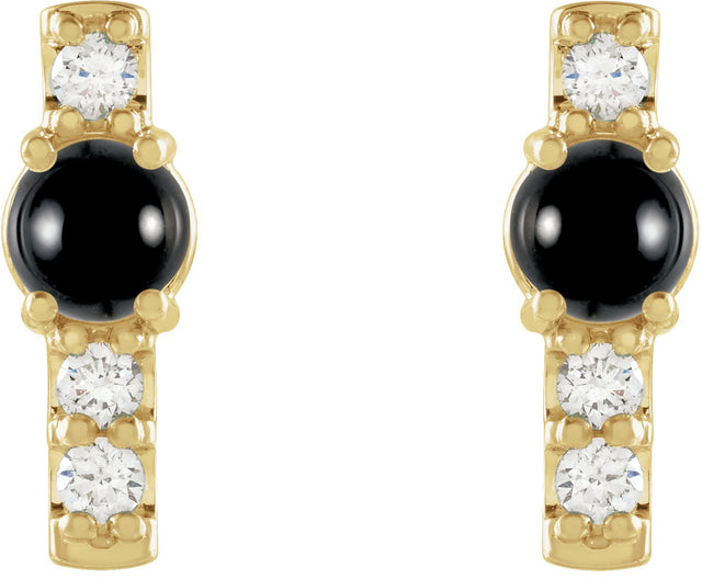 14K Gold Round Natural Black Onyx & Natural Diamond Accented Bar Earrings - Yellow Gold - view 2