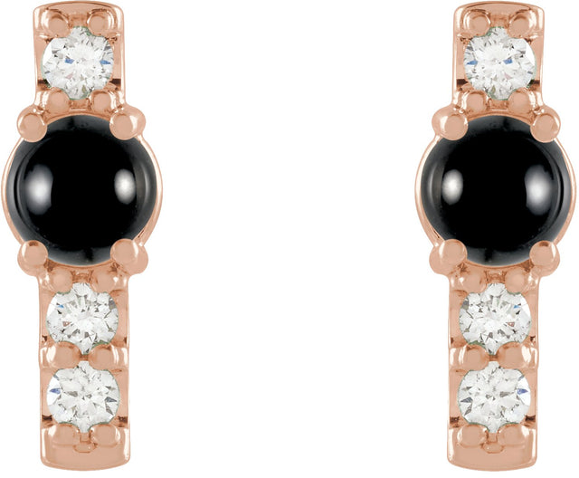 14K Gold Round Natural Black Onyx & Natural Diamond Accented Bar Earrings - Rose Gold - view 2