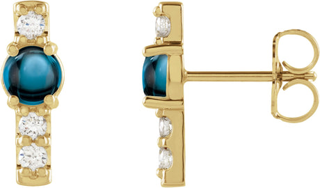 14K Gold Round Natural London Blue Topaz & Natural Diamond Accented Bar Earrings - Yellow Gold