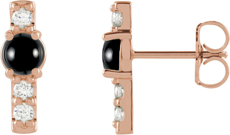 14K Gold Round Natural Black Onyx & Natural Diamond Accented Bar Earrings - Rose Gold