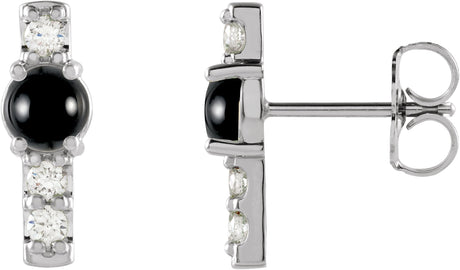 14K Gold Round Natural Black Onyx & Natural Diamond Accented Bar Earrings - White Gold