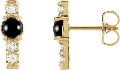 14K Gold Round Natural Black Onyx & Natural Diamond Accented Bar Earrings - Yellow Gold