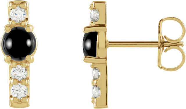 14K Gold Round Natural Black Onyx & Natural Diamond Accented Bar Earrings - Yellow Gold