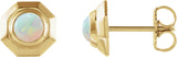 14K Gold Round Natural White Opal Geometric Cabochon Earrings - Yellow Gold