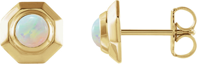 14K Gold Round Natural White Opal Geometric Cabochon Earrings - Yellow Gold