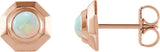 14K Gold Round Natural White Opal Geometric Cabochon Earrings - Rose Gold