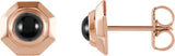 14K Gold Round Natural Black Onyx Geometric Cabochon Earrings - Rose Gold
