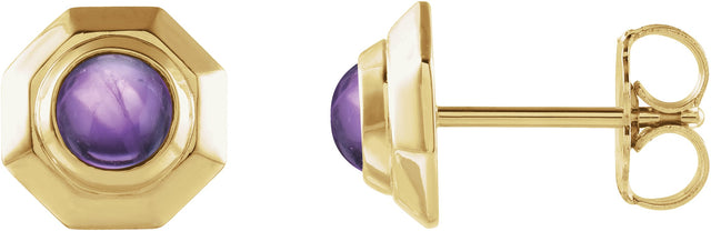 14K Gold Round Natural Amethyst Geometric Cabochon Earrings - Yellow Gold