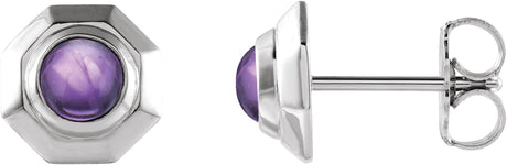 Platinum Round Natural Amethyst Geometric Cabochon Earrings