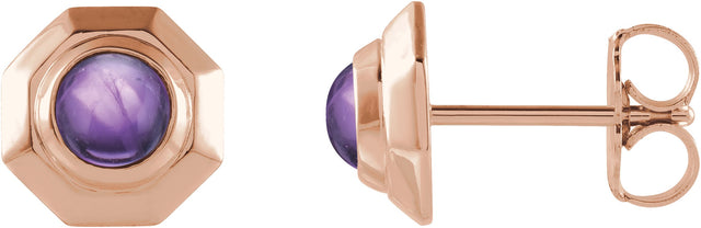 14K Gold Round Natural Amethyst Geometric Cabochon Earrings - Rose Gold