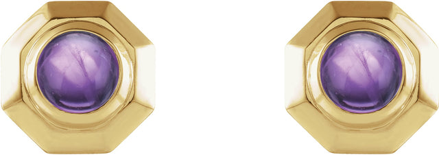 14K Gold Round Natural Amethyst Geometric Cabochon Earrings - Yellow Gold - view 2