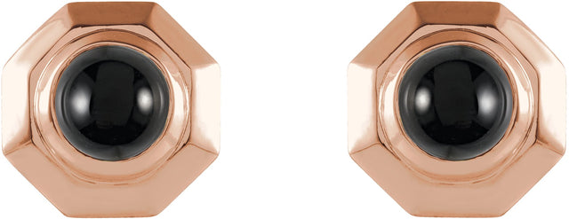 14K Gold Round Natural Black Onyx Geometric Cabochon Earrings - Rose Gold - view 2