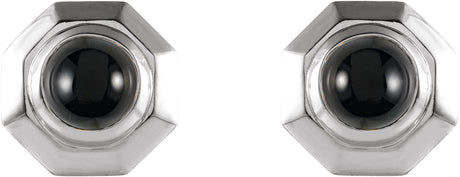 Platinum Round Natural Black Onyx Geometric Cabochon Earrings - view 2