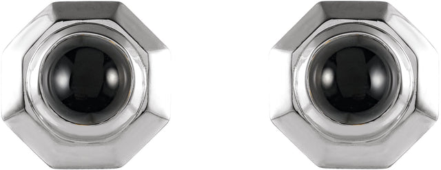 14K Gold Round Natural Black Onyx Geometric Cabochon Earrings - White Gold - view 2