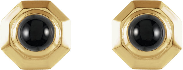 14K Gold Round Natural Black Onyx Geometric Cabochon Earrings - Yellow Gold - view 2