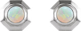 Platinum Round Natural White Opal Geometric Cabochon Earrings - view 2