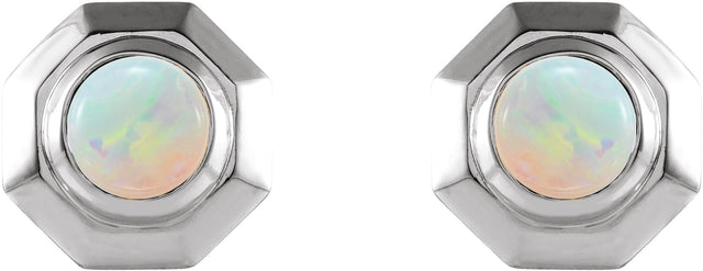 Platinum Round Natural White Opal Geometric Cabochon Earrings - view 2