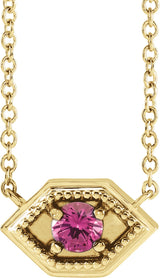 14K Gold Round Natural Pink Sapphire Geometric Necklace - Yellow Gold
