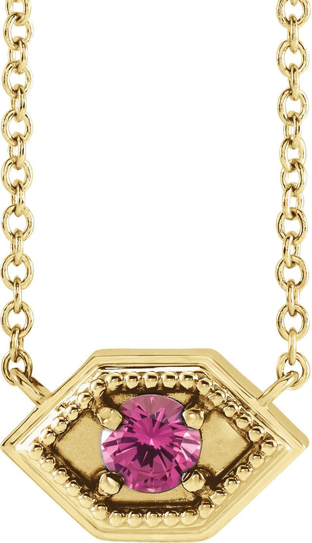 14K Gold Round Natural Pink Sapphire Geometric Necklace - Yellow Gold