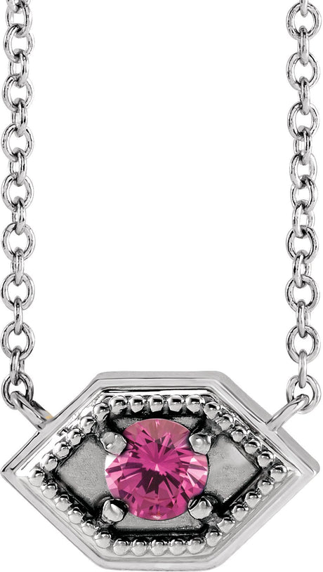 14K Gold Round Natural Pink Sapphire Geometric Necklace - White Gold