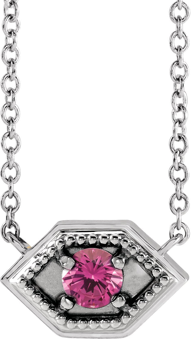 14K Gold Round Natural Pink Sapphire Geometric Necklace - White Gold