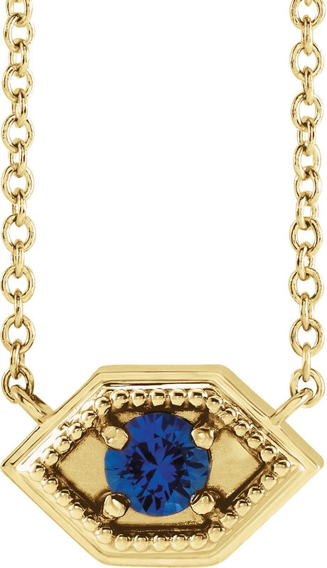 14K Gold Round Natural Blue Sapphire Geometric Necklace - Yellow Gold