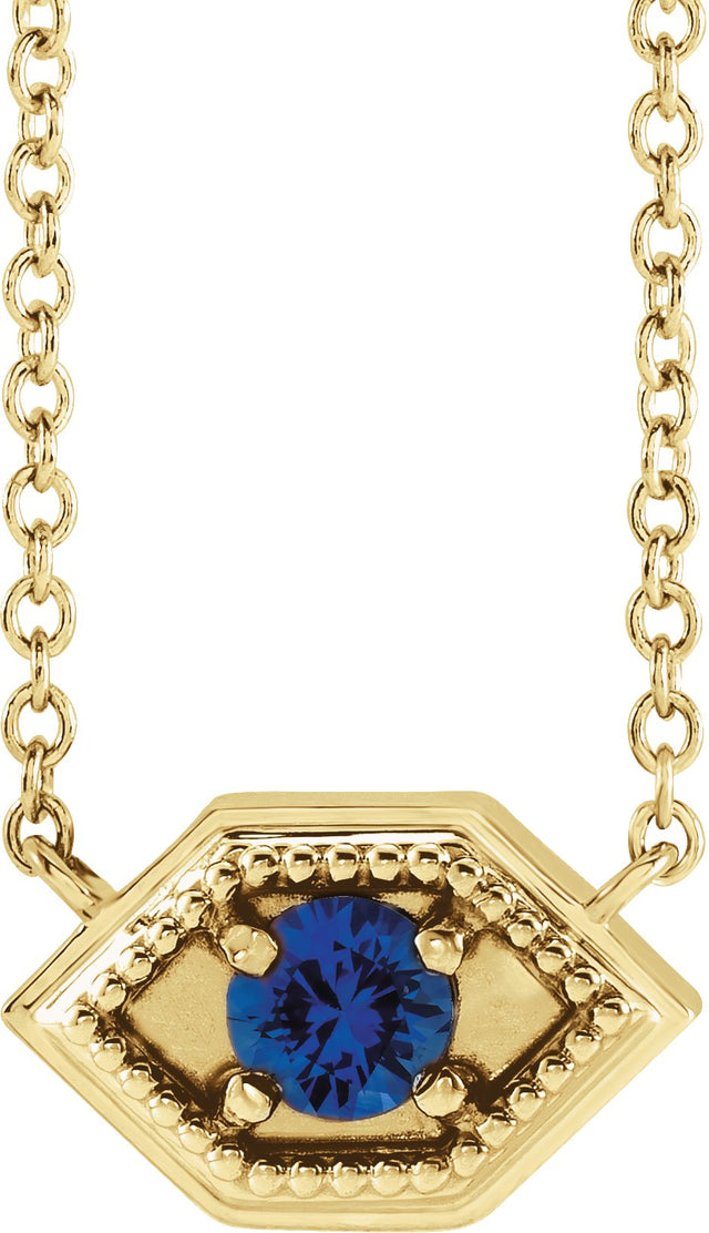 14K Gold Round Natural Blue Sapphire Geometric Necklace - Yellow Gold