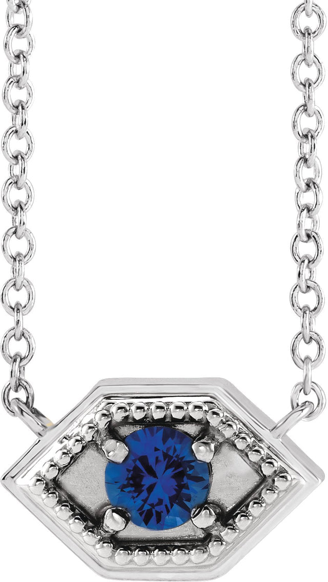 14K Gold Round Natural Blue Sapphire Geometric Necklace - White Gold
