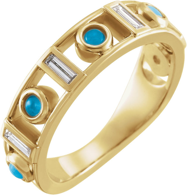 14K Gold Round Natural Turquoise & Natural Diamond Accented Bezel-Set Cabochon Ring - Yellow Gold