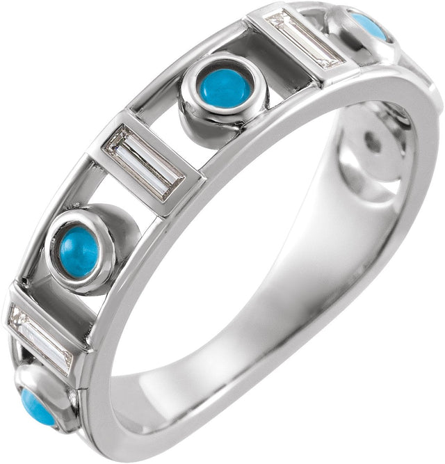 14K Gold Round Natural Turquoise & Natural Diamond Accented Bezel-Set Cabochon Ring - White Gold