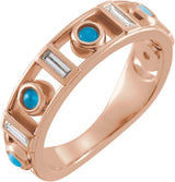 14K Gold Round Natural Turquoise & Natural Diamond Accented Bezel-Set Cabochon Ring - Rose Gold