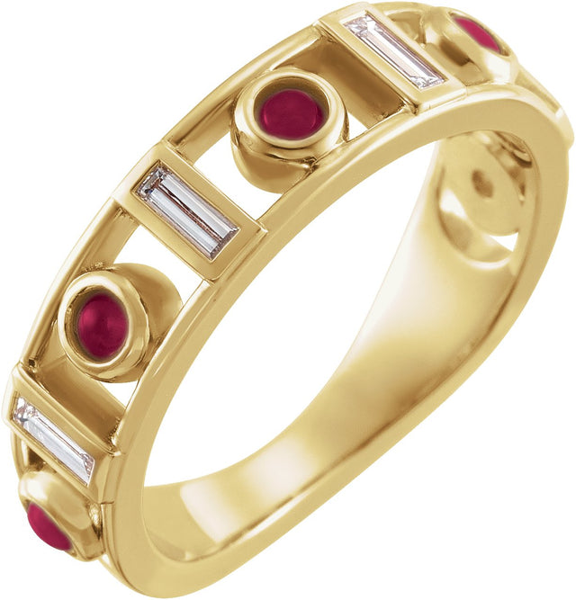 14K Gold Round Natural Rhodolite Garnet & Natural Diamond Accented Bezel-Set Cabochon Ring - Yellow Gold