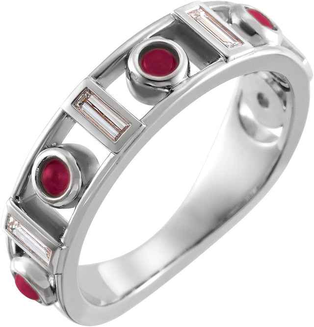Platinum Round Natural Rhodolite Garnet & Natural Diamond Accented Bezel-Set Cabochon Ring