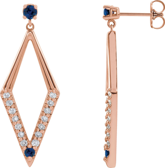 14K Gold Round Natural Blue Sapphire & Natural Diamond Accented Geometric Earrings II - Rose Gold