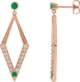 14K Gold Round Natural Emerald & Natural Diamond Accented Geometric Earrings - Rose Gold